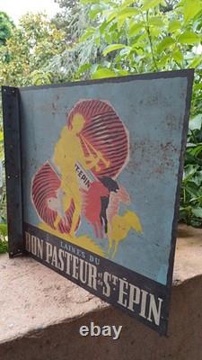 Ancienne plaque en métal peinte Enseigne drapeau Laines du Bon Pasteur & St Epin