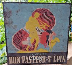 Ancienne plaque en métal peinte Enseigne drapeau Laines du Bon Pasteur & St Epin