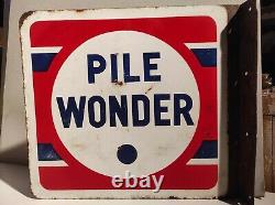 Ancienne plaque publicitaire émaillée vintage Pile Wonder double face émaillerie