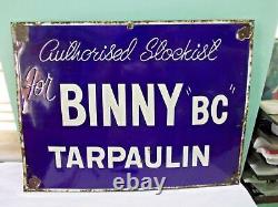 Antique Vintage Advt Tin Émail Porcelaine Panneau Binny BC Bâche Rare b1