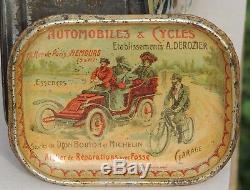 Automobiles DEROZIER à Nemours vers 1900 rare coupelle tôle lithographiée