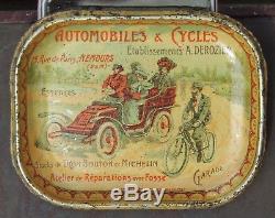 Automobiles DEROZIER à Nemours vers 1900 rare coupelle tôle lithographiée