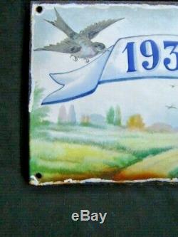 Belle Plaque émaillée bombée de Villa 1934 Beau décor champêtre Oiseaux Nature