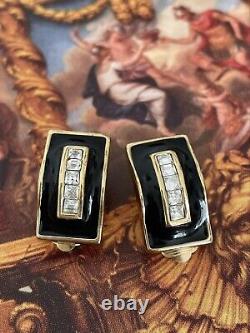 Boucles d'oreilles Dior vintage plaqué or anciennes émaillées noires clips co