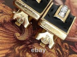 Boucles d'oreilles Dior vintage plaqué or anciennes émaillées noires clips co