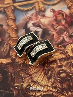 Boucles d'oreilles Dior vintage plaqué or anciennes émaillées noires clips co