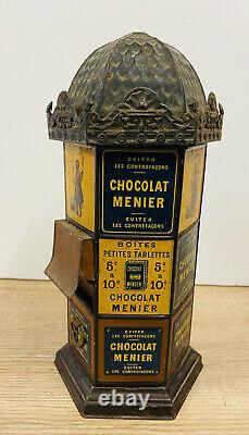 D263 Rare Kiosque Distributeur Chocolat Menier En Tole Lithographié Ht 24cm