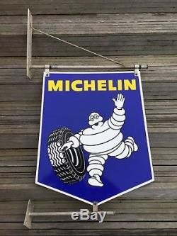 Enseigne émaillée Michelin Double Face avec sa potence dorigine / État TOP. 
