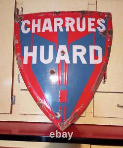 Grande plaque émaillée originale CHARRUES HUARD de forme bombée 55 cm x 48 cm