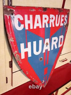 Grande plaque émaillée originale CHARRUES HUARD de forme bombée 55 cm x 48 cm