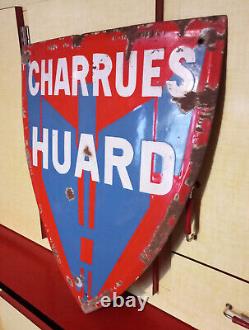 Grande plaque émaillée originale CHARRUES HUARD de forme bombée 55 cm x 48 cm