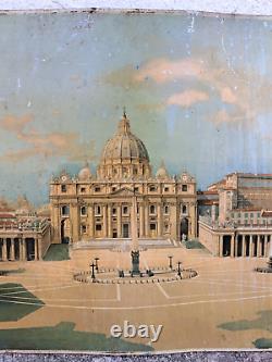 Grande tôle lithographiée Piazza di San Pietro St Pierre Vatican Rome début XX e