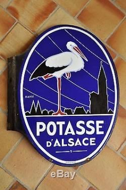 PLAQUE EMAILLEE ANCIENNE double face potasse d'Alsace Cigogne HANSI