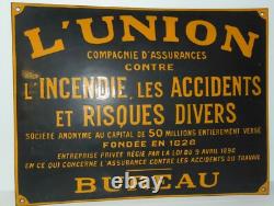 -PLAQUE EMAILLEE BOMBEE Jaune Fond Noir L'UNION ASSURANCE 1930/40 publicité pub