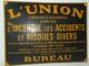 -PLAQUE EMAILLEE BOMBEE Jaune Fond Noir L'UNION ASSURANCE 1930/40 publicit&eacute; pub