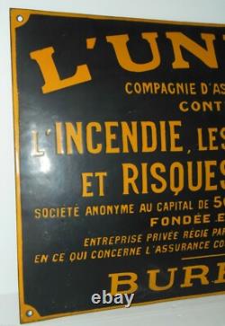 -PLAQUE EMAILLEE BOMBEE Jaune Fond Noir L'UNION ASSURANCE 1930/40 publicité pub
