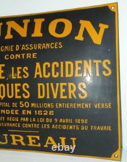 -PLAQUE EMAILLEE BOMBEE Jaune Fond Noir L'UNION ASSURANCE 1930/40 publicité pub