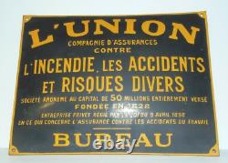 -PLAQUE EMAILLEE BOMBEE Jaune Fond Noir L'UNION ASSURANCE 1930/40 publicité pub