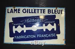 PLAQUE EMAILLEE LAME GILLETTE BLEUE ANCIENNE / 77 CMS X 48 CMS