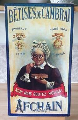PLAQUE PUBLICITAIRE EN TOLE LITHOGRA BETISES DE CAMBRAI / AFCHAIN 52 x 30 CM