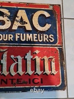 PLAQUE TÔLE ANCIENNE TABAC LE MATIN ARTICLE POUR FUMEUR DOUBLE FACE no Émaillé