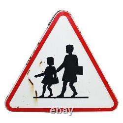Panneau de signalisation vintage Attention École en tôle émaillée de 1974