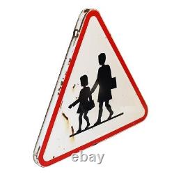 Panneau de signalisation vintage Attention École en tôle émaillée de 1974