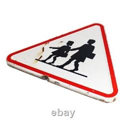 Panneau de signalisation vintage Attention École en tôle émaillée de 1974