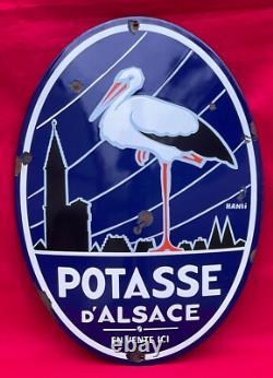 Plaque Émaillée Bombée POTASSE D'ALSACE Cigogne Tête à Gauche Engrais