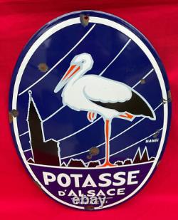 Plaque Émaillée Bombée POTASSE D'ALSACE Cigogne Tête à Gauche Engrais