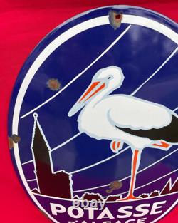 Plaque Émaillée Bombée POTASSE D'ALSACE Cigogne Tête à Gauche Engrais