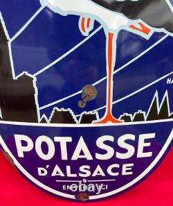 Plaque Émaillée Bombée POTASSE D'ALSACE Cigogne Tête à Gauche Engrais