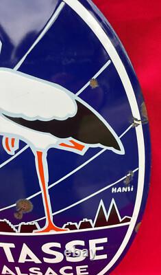 Plaque Émaillée Bombée POTASSE D'ALSACE Cigogne Tête à Gauche Engrais