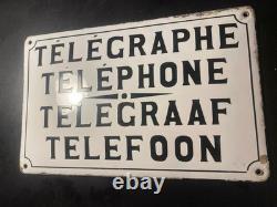 Plaque Émaillée D'utilité Télégraphe-Téléphone 26x41cm- Belle Patine-Bombée