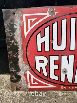 Plaque Émaillée Huiles Renault Double Faces Ancienne