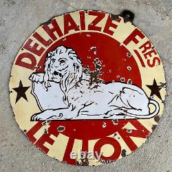 Plaque Rare Émaillée Ancienne DELHAIZE Frères LE LION Enamel Sign Emailschild