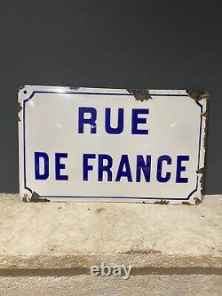 Plaque Rue Ancienne Métal Emaillé Bombé Rue de France Bleu Blanc Authentique
