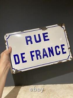 Plaque Rue Ancienne Métal Emaillé Bombé Rue de France Bleu Blanc Authentique