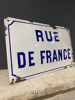 Plaque Rue Ancienne Métal Emaillé Bombé Rue de France Bleu Blanc Authentique