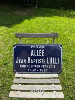 Plaque de rue de ville française Jean Baptiste Lully vintage en tôle émaillée