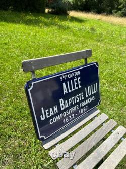 Plaque de rue de ville française Jean Baptiste Lully vintage en tôle émaillée