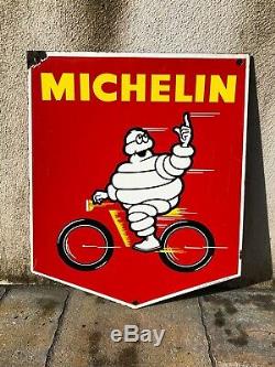 Plaque émaille Michelin Rouge Bibendum Velo 1960 Tole Moto Service Garage Ancien