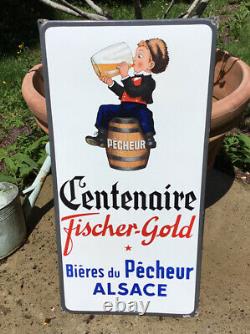 Plaque émaillée Bière Du Pêcheur EAS 1947 Alsace FISCHER GOLD grand Modèle