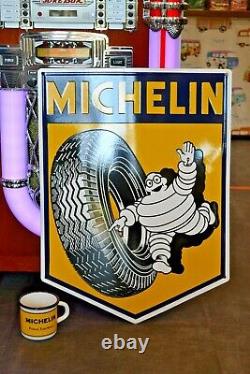 Plaque émaillée MICHELIN pneus bibendum ++ 6045 cm ++ jaune garage enamel sign
