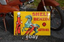 Plaque émaillée SHELL benzin auto oil essence et huile emailschilder