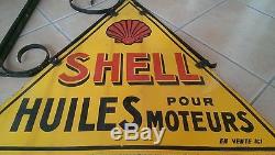 Plaque emaillee ancienne HUILE SHELL double face 77cm