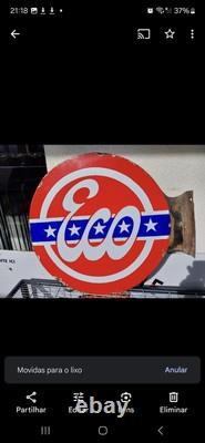 Plaque émaillée ancienne garage Eco Esso 50cm Double Face Em Potence