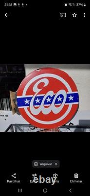 Plaque émaillée ancienne garage Eco Esso 50cm Double Face Em Potence
