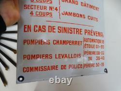 Plaque émaillée bombée ancienne SIGNAL D'INCENDIE PAR SONNERIE PARIS 27 x 21