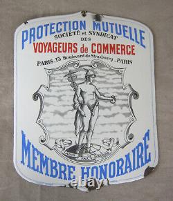 Plaque émaillée bombée ancienne paris voyageur commerce protection syndicat